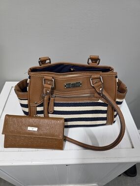 Striped Navy & Tan Women's Tote Bag with Matching Wallet